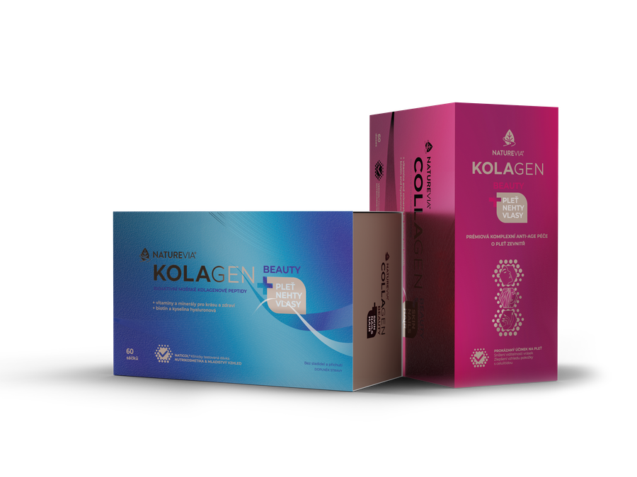 Modrá a červená krabička mořského/rybího a hovězího kolagenu NatureVia Kolagen Beauty+
